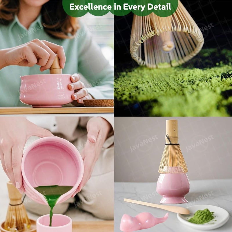 JavaNest Matcha Tea Set, 7-Piece Matcha Making Kit, Macha Whisk Set, Matcha Bowl with Spout, Chasen Whisk Holder, Macha Starter Sifter, Bamboo Scoop, Spoon Japanese Tea Tools For Ceremony Gift (Pink) - Image 5
